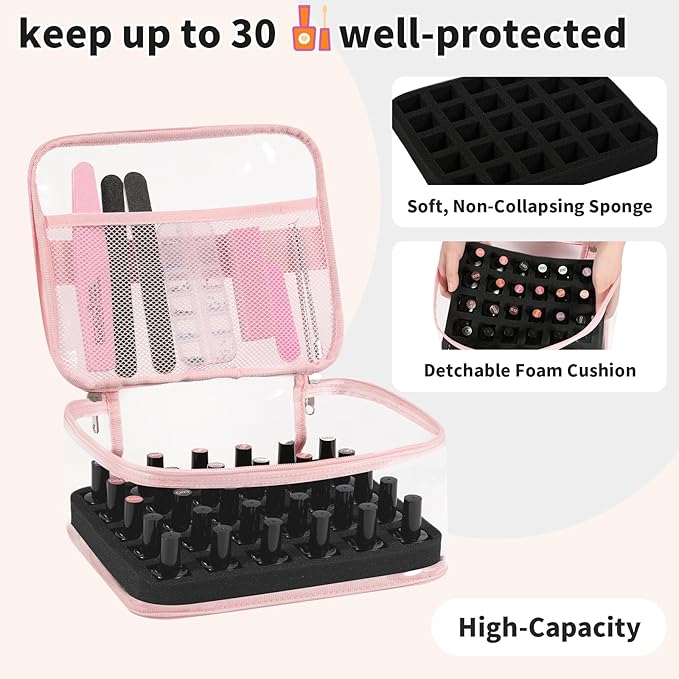 Beloving Clear Nail Polish Organizer Holds 30 Bottles PVC Nail Polish Case See-Through Nail Supplies with Manicure Tools Storage Sections, Portable Travel Nail Tech Carrying Bag for Storage Display