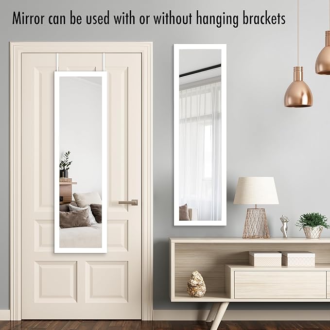 Americanflat 12x48 Over The Door Mirror - Hanging Full Length Mirrors with Engineered Wood - Modern Mirror for Bathroom, Bedroom, Living Room - Mirrors for Wall Display and Home Decor - White