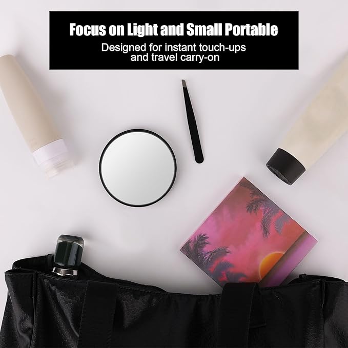 10x Magnifying Mirror, Easy Mounting 10x Magnifying Mirror with Suction Cups and Tweezers Magnifying Makeup Mirror Small for Travel Stick on Shower Mirror for Men Women, 3.5 Inch, Black