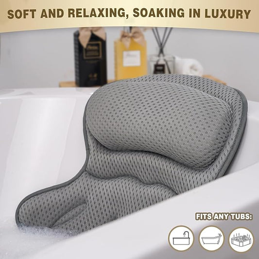Bath Pillow Luxury Bathtub Pillow, Extra Soft & Comfortable Bath Pillow for Tub Head Neck and Back Support, with 4D Air Mesh Cushions & Non-Slip Suction Cups - Great Bath Gifts (Gray)