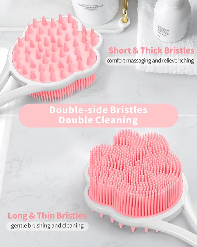 Manmihealth 15.7" Cute Back Scrubber & Soft Silicone Shower Brush Face Scrubber Set (3 PCS), Paw-Shaped Silicone Back Brush & Body Facial Scrubber with Super-Soft Bristles Combination(PinkSet)