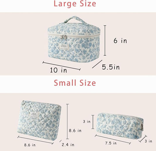 uekeboag Large Travel Quilted Makeup Bag for Women, Floral Cotton Cosmetic Bag, Coquette Aesthetic Floral Toiletry Organizer Bag