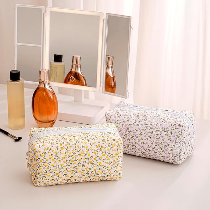 Gleyemor Small Quilted Makeup Bag for Women, Cute Floral Bow Cosmetic Bag, Emergency Bag Travel Toiletry Cotton Pouch Gifts for Girls Her Mom Friend Sister Bridesmaid (Purple Small Flower)