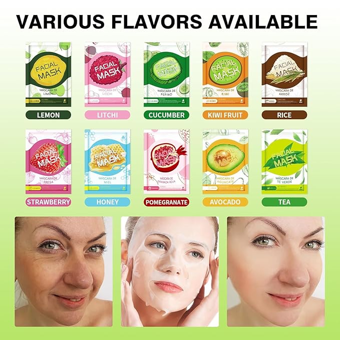 30 Sheets Face Masks Skincare, Hydrating Variety Face Mask For Sensitive Skin, Moisturising Sheet Mask for Women, Soothe Facial Masks for All Skin Types, Fruit Sheet Face Mask Skincare for Spa