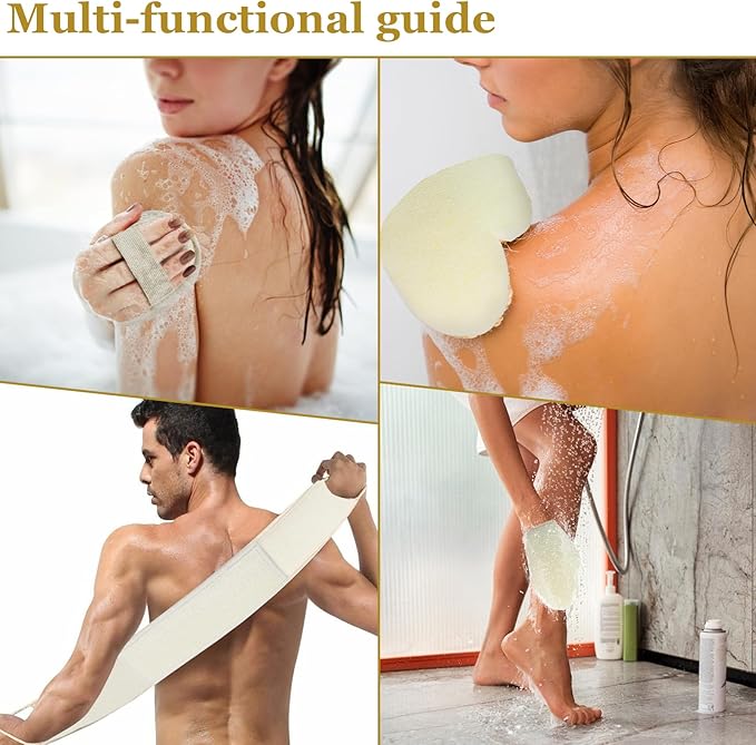 Premium Loofah Bath Set - Exfoliating Back Scrubber with Handle, Shower Gloves & Loofah Pads for Men & Women, Perfect Body Scrubber & Skin Cleanser