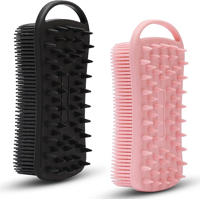 2 PC Silicone Exfoliating Body Scrubber, 2 in 1 Silicone Body Shampoo Brush, Soft Silicone Loofah for Sensitive Skin, Shower Silicone Hair Scalp Massager, Easy to Clean, Lather Well (Black&Pink)