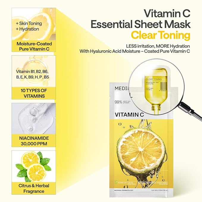 Mediheal Vitamin C Essential Sheet Mask Clear Toning 10 pcs. 99% Pure Vitamin C & 10 Vita Actives for hydration, blemish. Vegan formula.