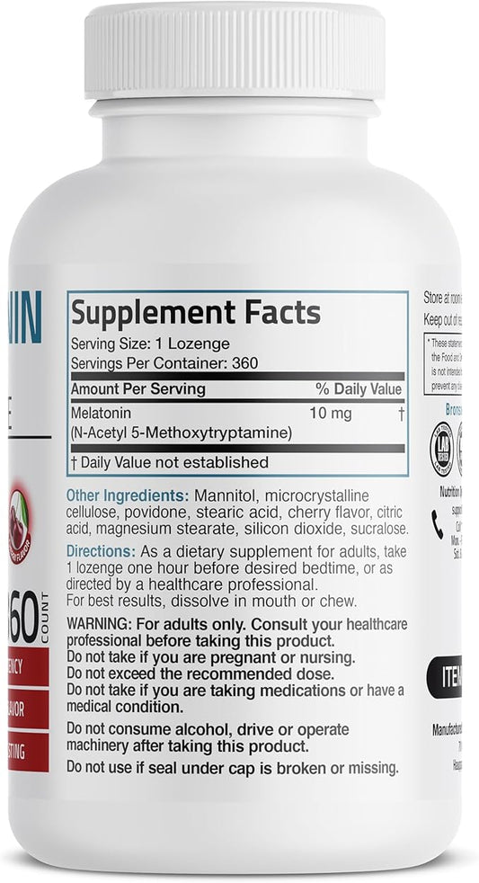 Bronson Melatonin 10mg Fast Dissolve Cherry Flavored Tablets Vegetarian Chewable Lozenges, 360 Count