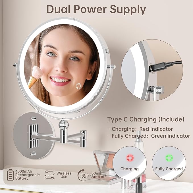 9" Wall Mounted Makeup Mirror with Lights, 4000mAh Rechargeable 1X/10X Wall Mounted Magnifying Mirror for Bathroom, 3 Color Lighting,Touch Screen Dimming,Extended Arm 360 Rotation Wall Mount Mirror C