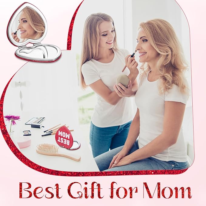 Geelin 3 Pcs Gifts for Mom from Daughter Son Best Mom Gifts Heart Compact Mirror Travel Magnifying Vanity Portable Mini Makeup Pocket Mirror Double Sided with Glitter for Women Birthday Mother's Day