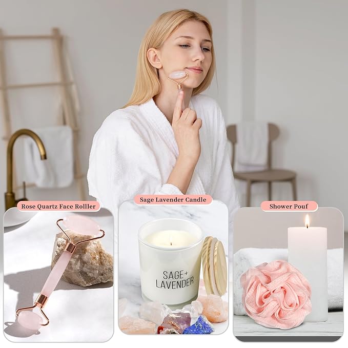 Birthday Gifts for Women,Spa Robe and Slippers Set, Bathrobe With Silky Satin Sleep Mask, Scented Candle Self Care 7 Pack Suitable for Christmas Thanksgiven Day Grey