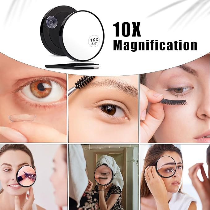 10x Magnifying Mirror, Easy Mounting 10x Magnifying Mirror with Suction Cups and Tweezers Magnifying Makeup Mirror Small for Travel Stick on Shower Mirror for Men Women, 3.5 Inch, Black