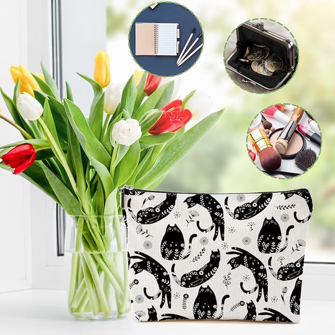 Botanical Cat Makeup Bag Cat Gifts Cosmetic Bag Cat Lover Gifts for Women Girls Friends Wife Cat Themed Gifts Cat Stuff Travel Organizer Zipper Pouch Graduation Birthday Friendship Gifts