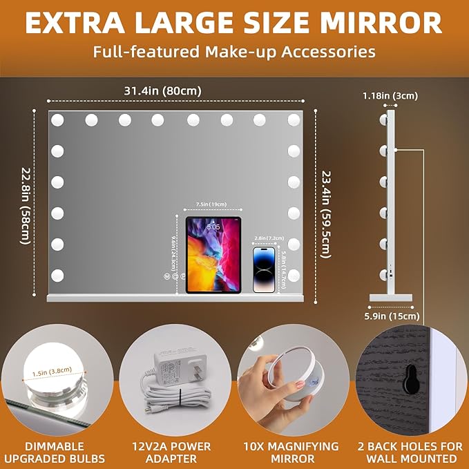 Misavanity Large Vanity Mirror with Lights Tempered Glass 31.4’’ x 23.4’’ Hollywood Lighted Makeup Mirror with 18 Dimmable Bulbs USB Charging Port 10X Magnification 3 Lighting Modes, White