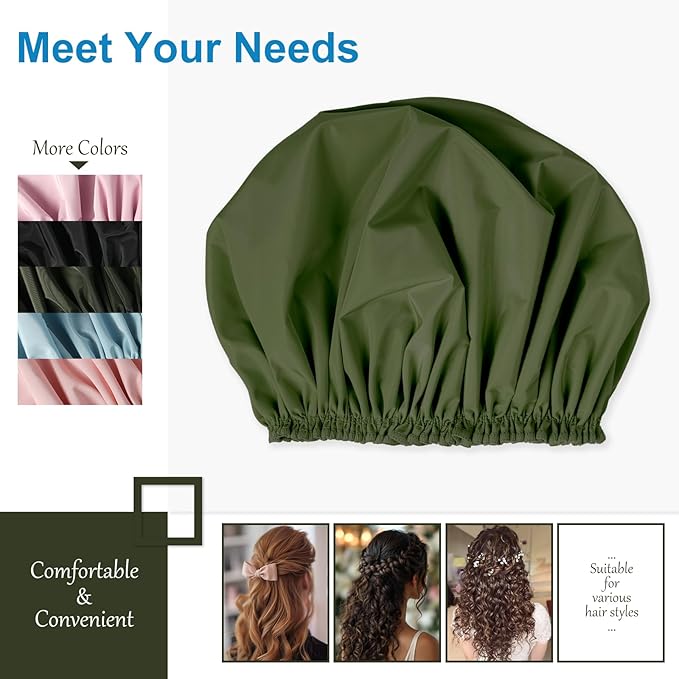 Shower Cap for Women Set of 4, 1 Double-Layer Waterproof Bath Cap + 3 Single-Layer Waterproof Shower Caps – Reusable Hair Protector, TPU Coated Elastic Bathing Cap for Women & Men - Dark Green