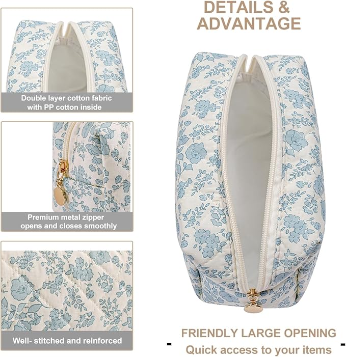 Gleyemor Small Quilted Makeup Bag for Women, Cute Floral Bow Cosmetic Bag, Emergency Bag Travel Toiletry Cotton Pouch Gifts for Girls Her Mom Friend Sister Bridesmaid (Blue Floral)