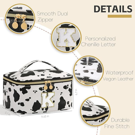Meiyuuo Birthday Gifts Personalized Makeup Bag Cute Cosmetic Bags Large Travel Pro Pouch Toiletry Bag with Divider and Handle Teens Tweens Gifts Trendy Stuff Cow Print K