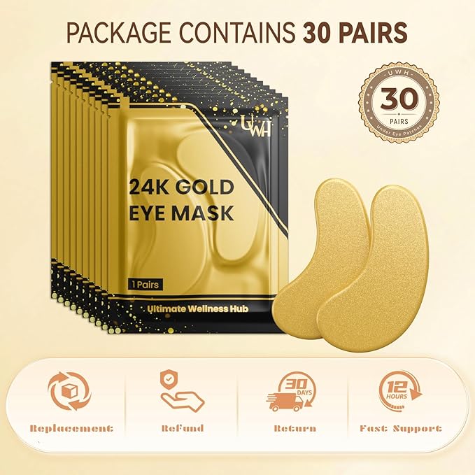 30P Under Eye Patches for Dark Circles and Puffy Eyes | Infused Gel Under 24K Gold Eye Masks for Skin Care of Puffiness & Eye Bags Treatment for Women Ideal for Beauty Care (30 Pairs, 24K Gold)