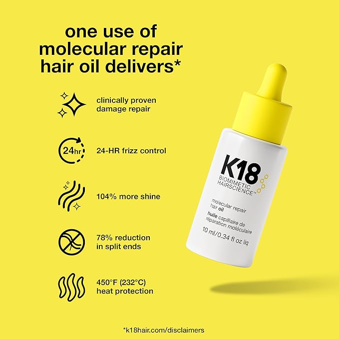 K18 Molecular Repair Hair Oil, Weightless Oil for Stronger, Healthier Hair, Suitable For All Hair Types, 0.34 Fl Oz