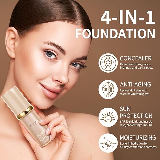 Lunora Color Adapting Foundation,4 in 1 Medium Spectrum, Moisturizing Color Change Full Coverage,Waterproof and Sweatproof