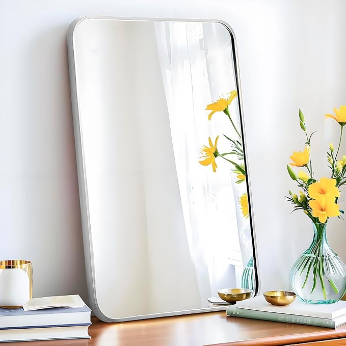 20x30 Rectangle Mirror Full Length Wall Mounted Hanging or Against Wall Metal Frame Dressing Make-up Mirrors for Entryway Bedroom Bathroom Living Room 20 30 inch Silver