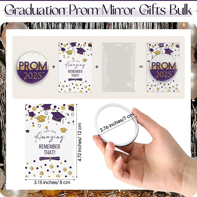 36 Sets Prom 2025 Graduation Party Favor Prom Compact Mirror for Her Him Inspirational 2025 Graduation Cards for Senior Night College Party Gifts(Violet Gold)