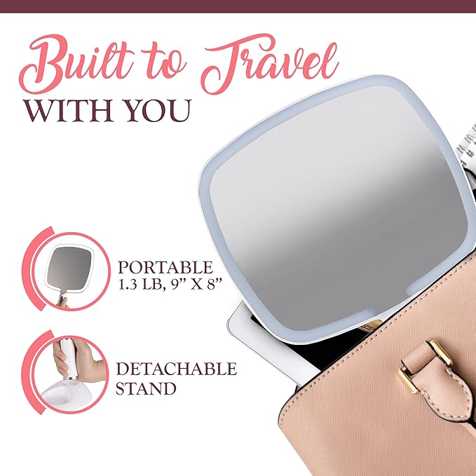 MIRRORVANA® Lighted Travel Hand Mirror with Comfy Handle and Detachable Stand - Portable, Thin and Lightweight Design - Rechargeable with 3 LED Light Settings - 9" x 13" (White)