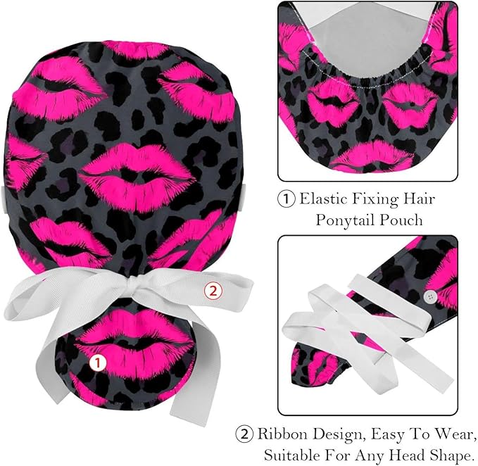 2 PCS Bouffant Cap with Button Ponytail Pouch Working Cap Sweatband Adjustable Surgical Cap Black and White Cow