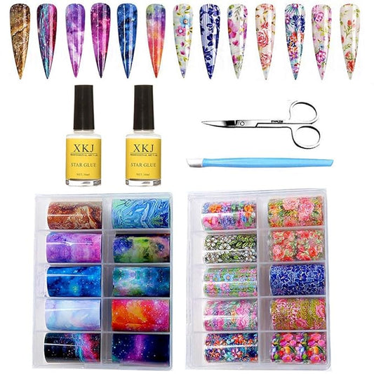 Kalolary 20 Color Starry Sky Stars Nail Art Foil with Nail Glue, Holographic Nail Art Transfer Stickers DIY Decoration, for Nail Art Salon or Home Use