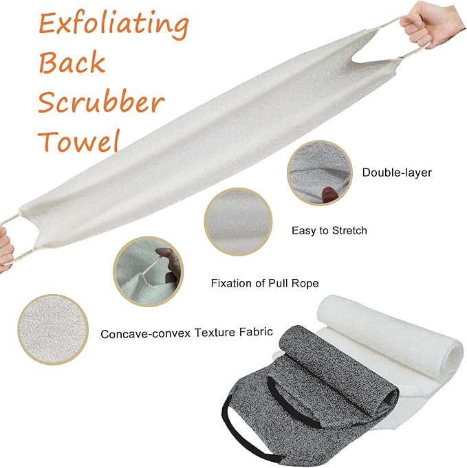 Scrubber Back for Shower Extended Length Scrubber Towel Exfoliating Washcloth Body Scrub Sponge Shower Loofah with Handle for Women Men Deep Clean Body Skin Massages (Gray&white2)