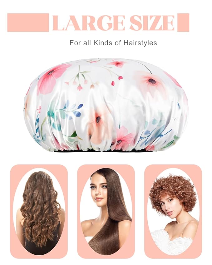 Auban Terry Lined Reusable Large Shower Cap for Women, 3 Layer Waterproof Hair Cap