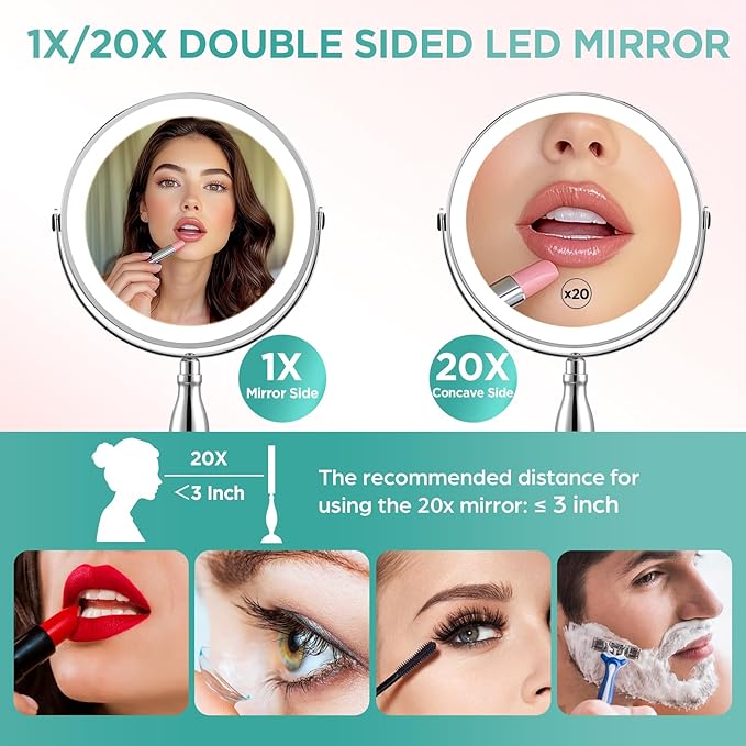 Makeup Mirror with Lights, 20X Magnifying Mirror with Light and STC- Side Charging & Side Touch Switch, Vanity Mirror with 3 Color Light and 2-Side 360° Rotation Double Sided Standing Desk Mirror