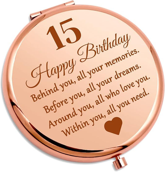 15th Birthday Compact Makeup Mirror, Round Stainless Steel Mirror with Tabletop Mount, Portable and Lightweight, Ideal for Travel and Daily Use