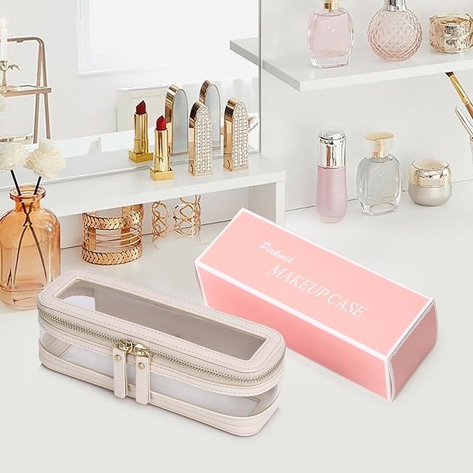 Makeup Brush Case Clear Travel Cosmetic & Toiletry Bag Slim Makeup Bag with Zipper Small Purse Organizer Car Essential Bag for Women (Beige, SLIM-1)