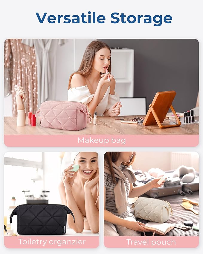 BAGSMART Makeup Bag Travel Cosmetic Bag, Puffy Padded Make Up Bags for Women Makeup Organizer Case, Wide-open Pouch Purse Travel Essentials Toiletries Accessories Brushes, (Beige)