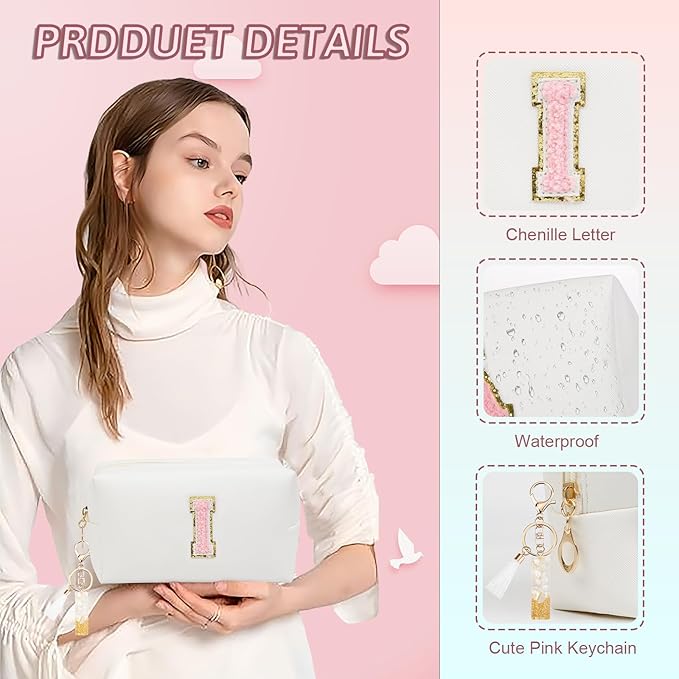 Birthday Gifts for Women Her,Travel Cute Makeup Bag,Large Capacity Cosmetic Bags for Women Makeup Pouch PU Leather Waterproof Cosmetic Bag (I, White)