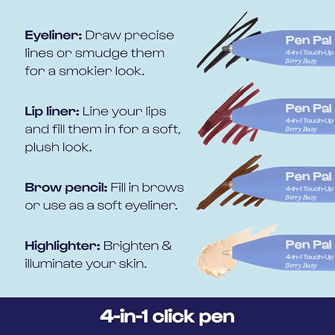 Alleyoop Pen Pal 4-in-1 Makeup Pen – Comes with Eyeliner, Lip Liner, Highlighter Makeup & Eyebrow Pencils for Women – Portable, Touch-Up On the Go – Cruelty-Free, Vegan (Berry Busy (Medium - Deep)