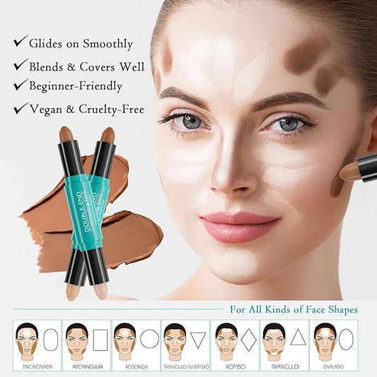 Dual-Ended Contour Stick, Face Shaping & Contouring Stick, Highlighter Makeup Pen for All Skin Tones