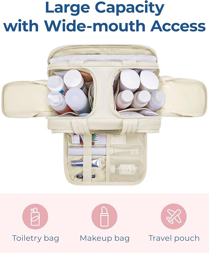 BAGSMART Travel Toiletry Bag, Lightweight Large Wide-open Travel Bag for Women, Puffy Cosmetic Makeup Bag Organizer with Handle for Accessories,Essentials, Toiletries, Grayish Brown