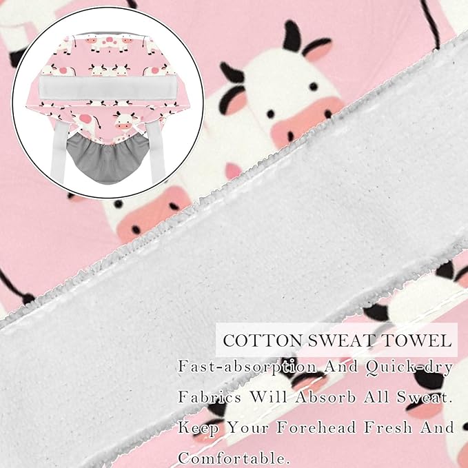 2 PCS Bouffant Cap with Button Ponytail Pouch Working Cap Sweatband Adjustable Surgical Cap Black and White Cow