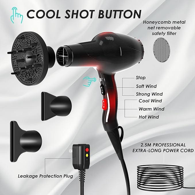 Hair Dryer, Professional Ionic Blow Dryer with Diffuser for Curly Hair,2400W Powerful Fast Drying Hairdryer Blowdryer for Women Men Home Salon Hair Styling,Constant Temp Low Noise