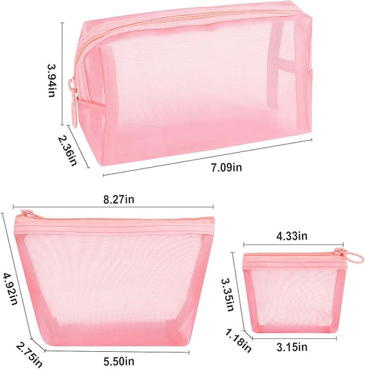 Aosbos 3-Pack Mesh Cosmetic Bag Set - Travel/On-The-Go Makeup Storage, Zipper Closure Small Pouch