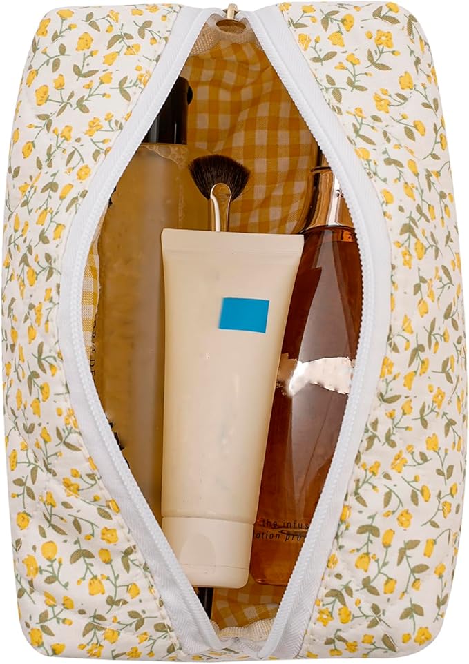 Makeup Bag Travel Cosmetic Bag for Women Girls, Zipper Make Up Pouch, Floral Flowers Toiletry Organizer Makeup, Portable Storage Cosmetic Travel Cloth Bag (Yellow Floral)