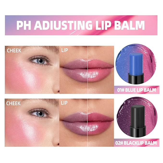 2PCS PH Adjusting Lip & Cheek Tint, Temperature Color Change Instaph Lipstick Lip Stain, Hydrating & Long-Lasting, Natural Glow Blush & Lip Color, Buildable, Non-Sticky, Moisturizing Lip & Cheek Stain