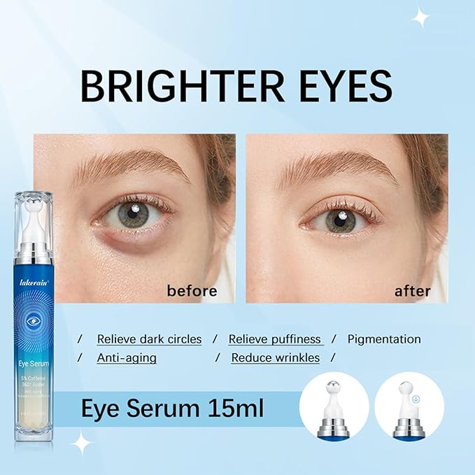 5% Caffeine Eye Serum with 360° Eye Massage Roller Eye Serum for Dark Circles & Relieve Puffiness, Reduce Wrinkles and Fine Lines, Eye Bags, Tighten Lifting Brightening Under Eye Cream-0.5 OZ