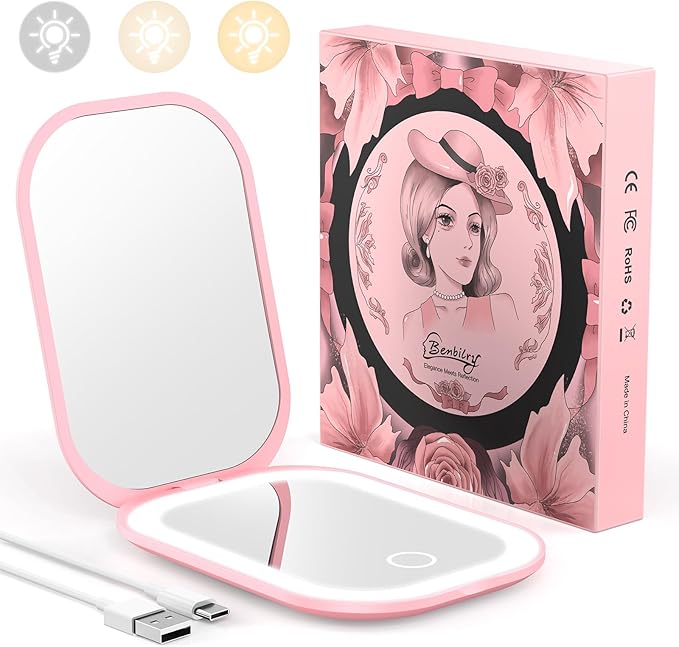 Benbilry Ultra Slim Pocket Mirror with Light, 1X/3X Magnifying LED Compact Travel Mirror with 3-Colored Dimming Lights for Purse, 2-Sided, Handheld, Folding, Portable, Light Pink