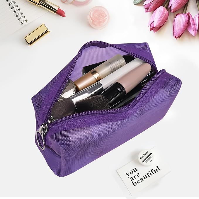 Aosbos 3-Pack Mesh Cosmetic Bag Set - Travel/On-The-Go Makeup Storage, Zipper Closure Small Pouch