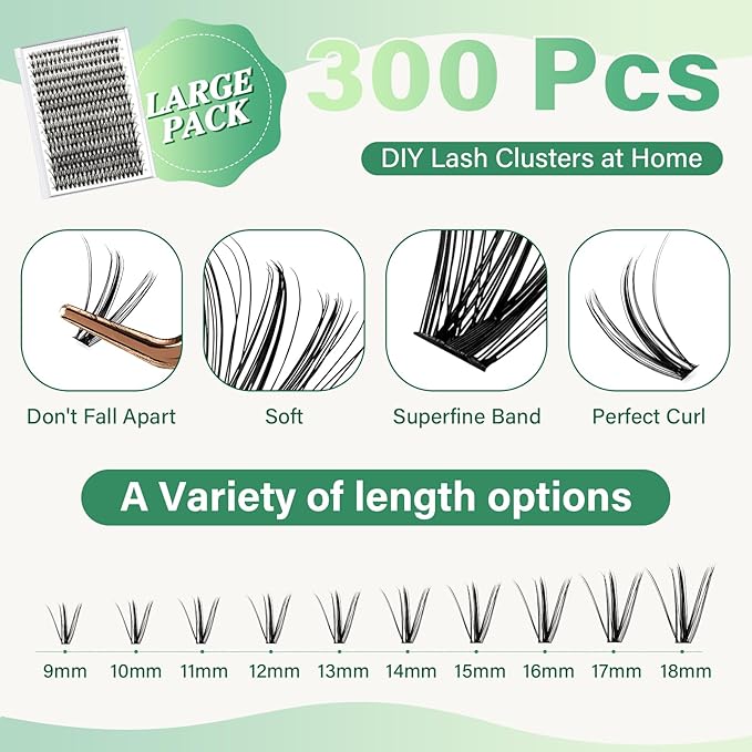 DIY Lash Extension Kit KEYYOU 300Pcs Individual Eyelash Extension Kit 30D 0.07C Curl 9-18MIX Lash Clusters Kit with Lash Glue Remover Applicator Easy to Use for Beginners(Kit-30D-0.07C,9-18MIX)
