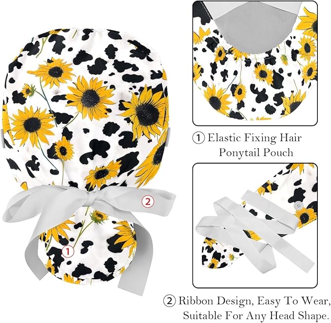 2 PCS Bouffant Cap with Button Ponytail Pouch Working Cap Sweatband Adjustable Surgical Cap Black and White Cow
