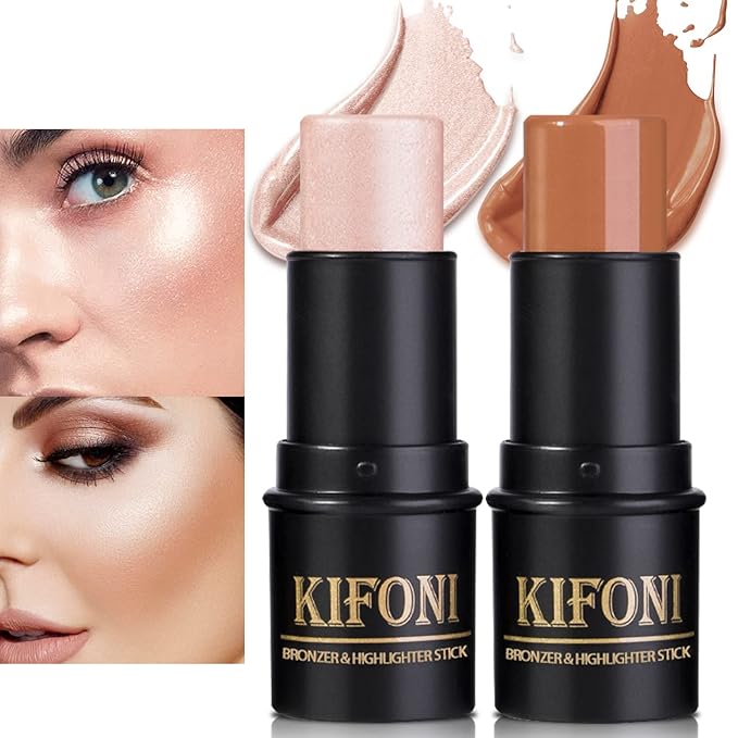 2 Pcs Cream Contour Stick Makeup Kit, Cream Highlighter Stick & Contour Bronzer Stick for Cheeks, Lightweight Blendable Smooth -Highlighter & Bronzer (#04 Light Rose Gold #07 Coffee)
